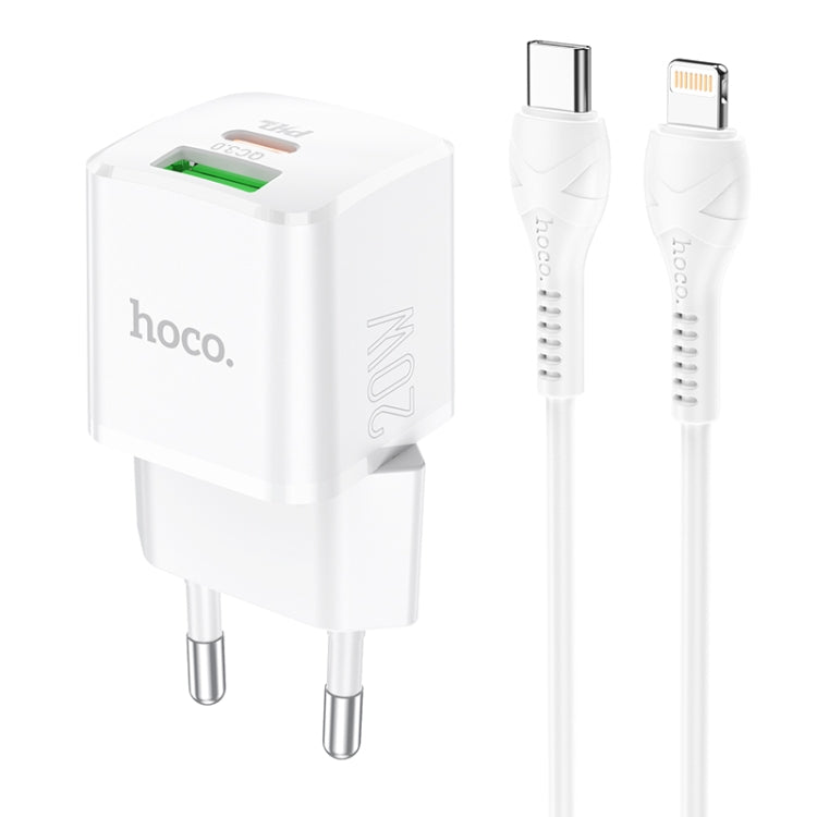 hoco N20 PD 20W Type-C / USB-C + QC 3.0 USB Mini Dual Fast Charger with Type-C / USB-C to 8 Pin Data Cable , EU Plug (White) Eurekaonline