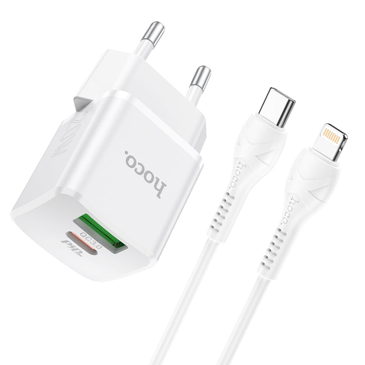 hoco N20 PD 20W Type-C / USB-C + QC 3.0 USB Mini Dual Fast Charger with Type-C / USB-C to 8 Pin Data Cable , EU Plug (White) Eurekaonline