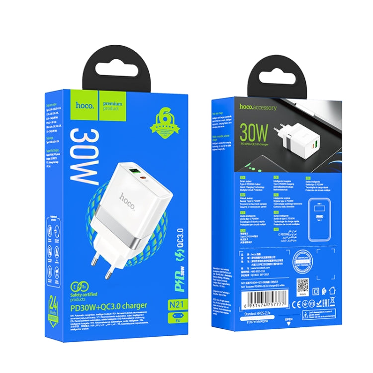 hoco N21 PD 30W Type-C / USB-C + QC 3.0 USB Mini Fast Charger, EU Plug(White) Eurekaonline