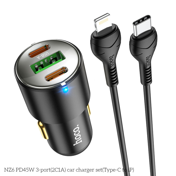 hoco NZ6 Dual Type-C / USB-C + USB PD45W 3-port Car Charger with Type-C / USB-C to 8 Pin Charging Cable(Black) Eurekaonline