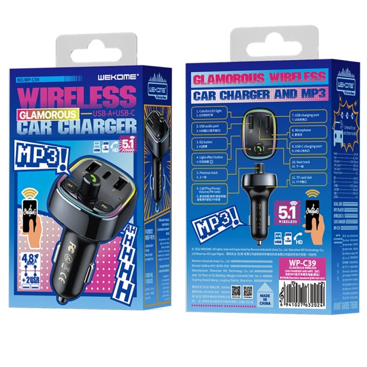 WK WP-C39 USB+USB-C/Type-C MP3 Bluetooth Car Fast Charger(Black) - Eurekaonline