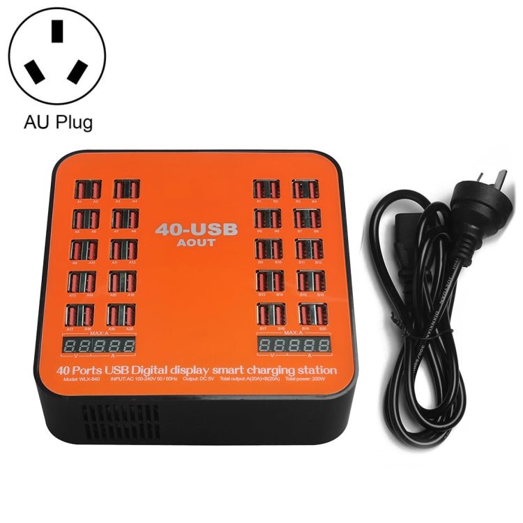 WLX-840 200W 40 Ports USB Digital Display Smart Charging Station AC100-240V, AU Plug (Black+Orange) - Eurekaonline