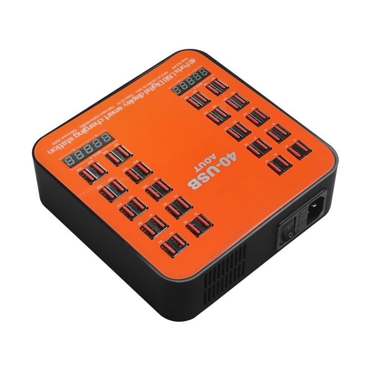 WLX-840 200W 40 Ports USB Digital Display Smart Charging Station AC100-240V, EU Plug (Black+Orange) - Eurekaonline