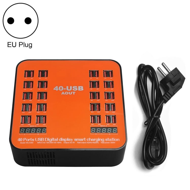 WLX-840 200W 40 Ports USB Digital Display Smart Charging Station AC100-240V, EU Plug (Black+Orange) - Eurekaonline