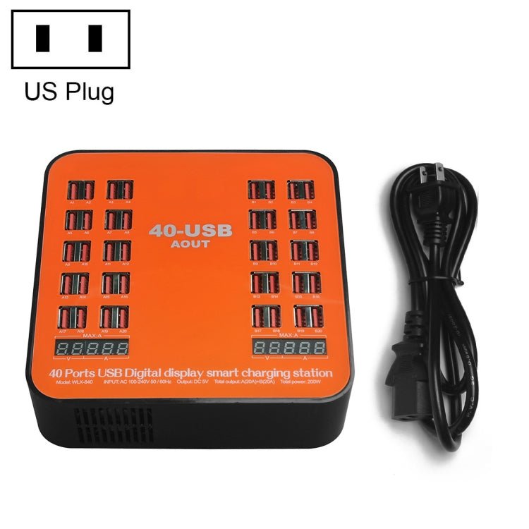 WLX-840 200W 40 Ports USB Digital Display Smart Charging Station AC100-240V, US Plug (Black+Orange) - Eurekaonline