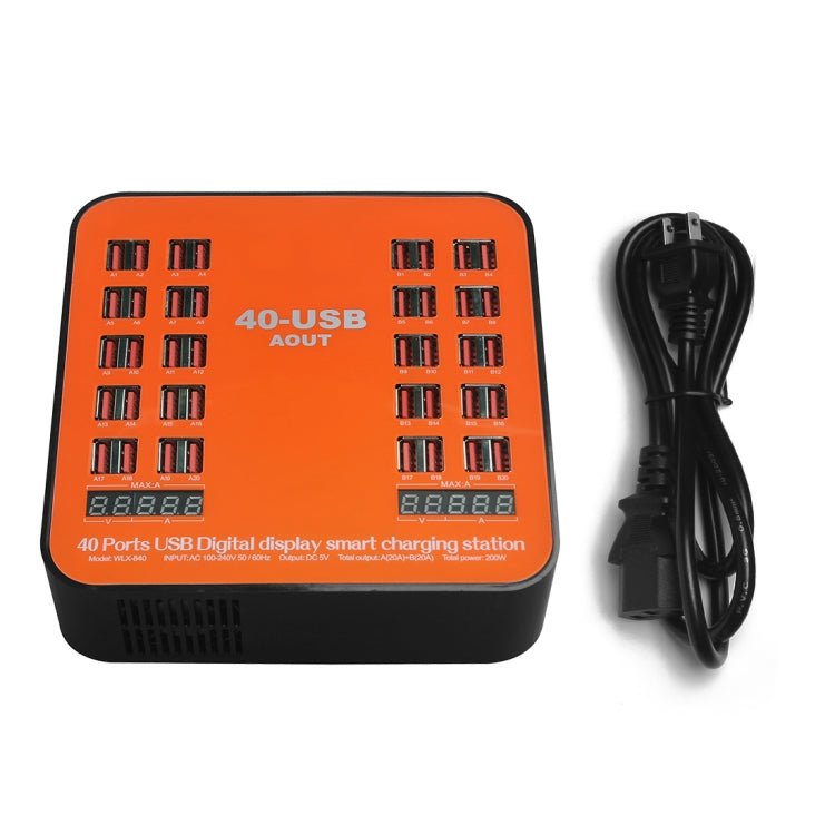 WLX-840 200W 40 Ports USB Digital Display Smart Charging Station AC100-240V, US Plug (Black+Orange) - Eurekaonline