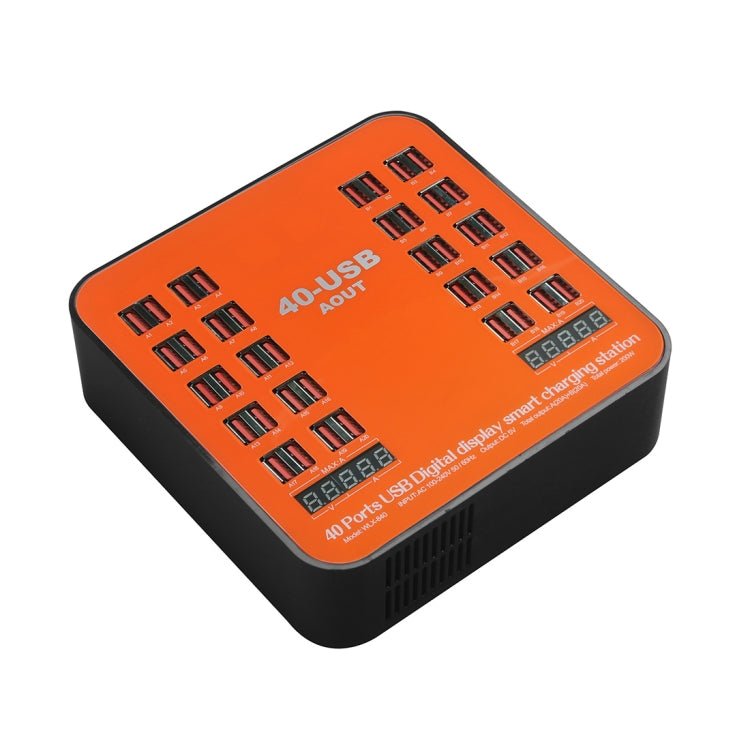 WLX-840 200W 40 Ports USB Digital Display Smart Charging Station AC100-240V, US Plug (Black+Orange) - Eurekaonline