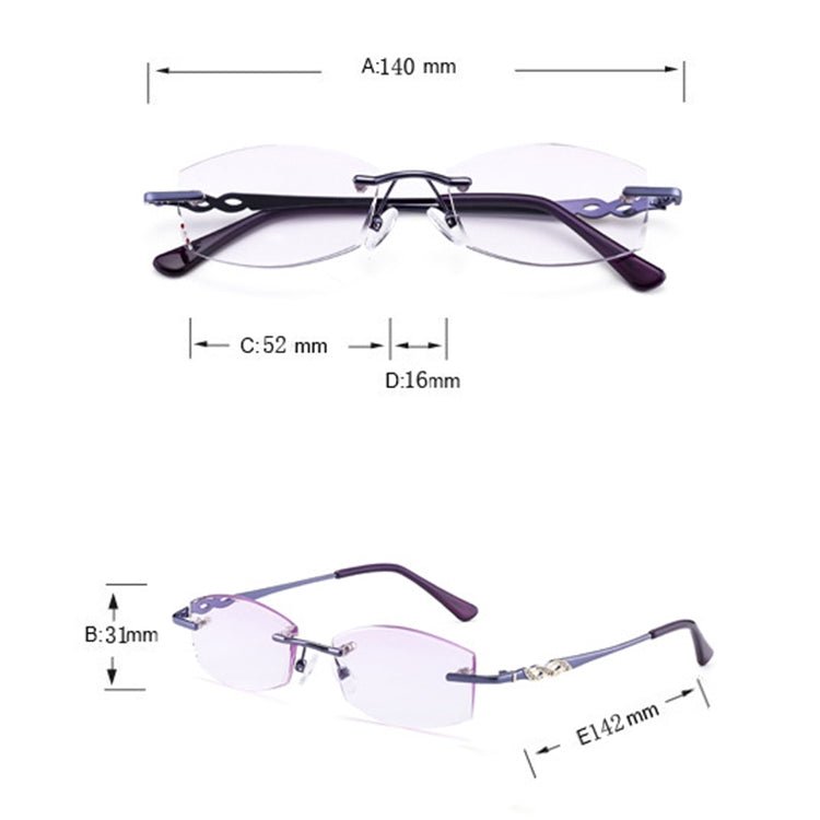 Women Rimless Rhinestone Trimmed Purple Presbyopic Glasses, +4.00D - Eurekaonline