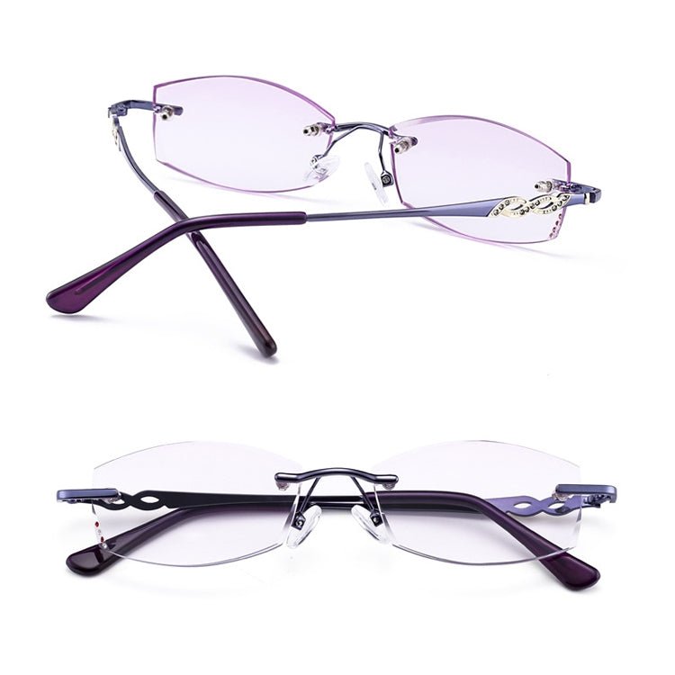 Women Rimless Rhinestone Trimmed Purple Presbyopic Glasses, +4.00D - Eurekaonline