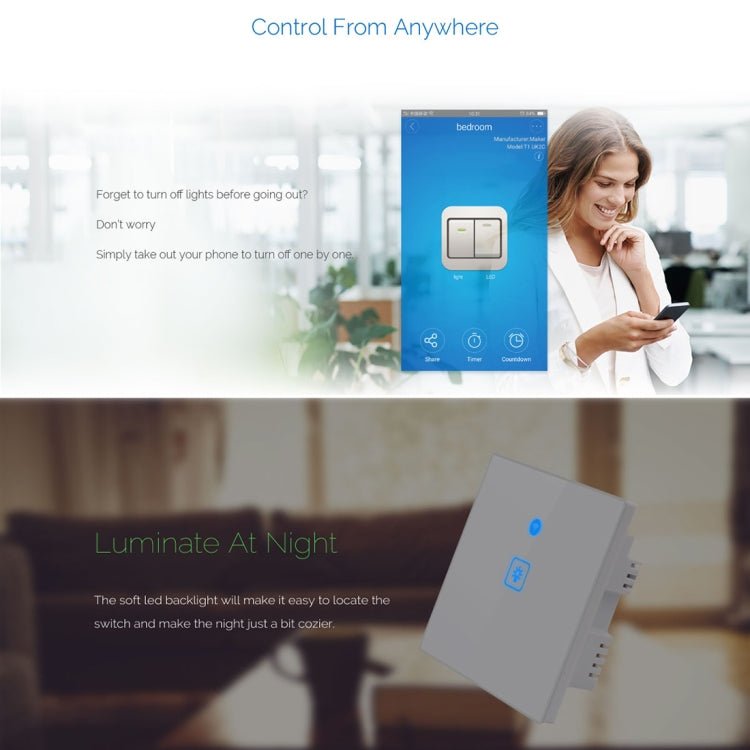 WS-UK-01 EWeLink APP & Touch Control 2A 1 Gang Tempered Glass Panel Smart Wall Switch, AC 90V-250V, UK Plug - Eurekaonline