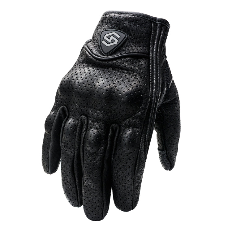 WUPP CS-1048A Motorcycle Racing Cycling Windproof Breathable Leather Full Finger Gloves with Holes, Size:L(Black) - Eurekaonline