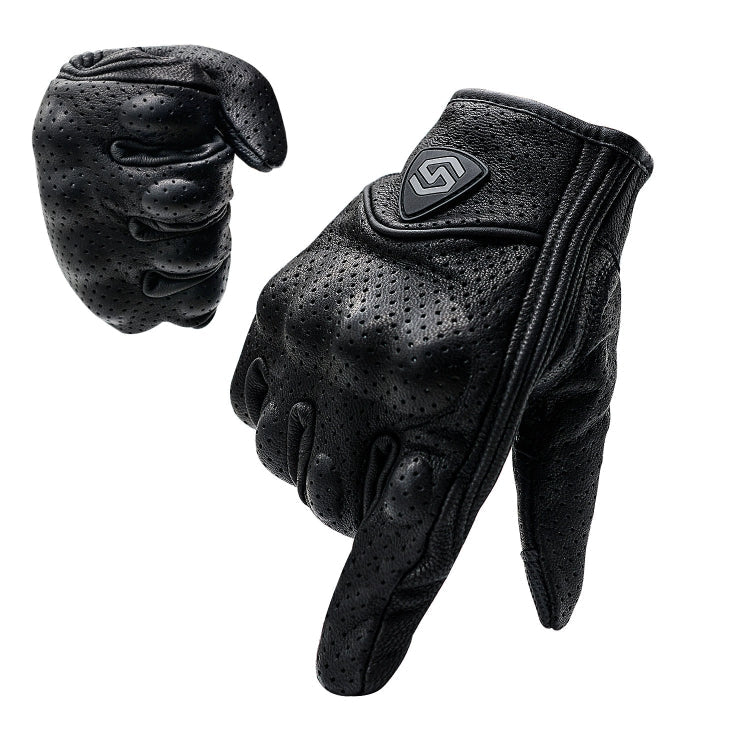 WUPP CS-1048A Motorcycle Racing Cycling Windproof Breathable Leather Full Finger Gloves with Holes, Size:L(Black) - Eurekaonline