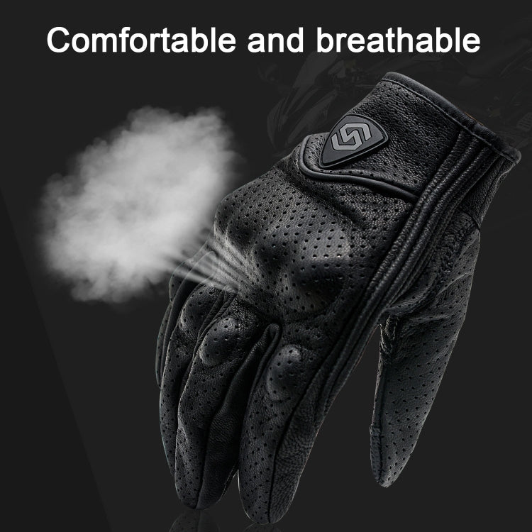 WUPP CS-1048A Motorcycle Racing Cycling Windproof Breathable Leather Full Finger Gloves with Holes, Size:L(Black) - Eurekaonline