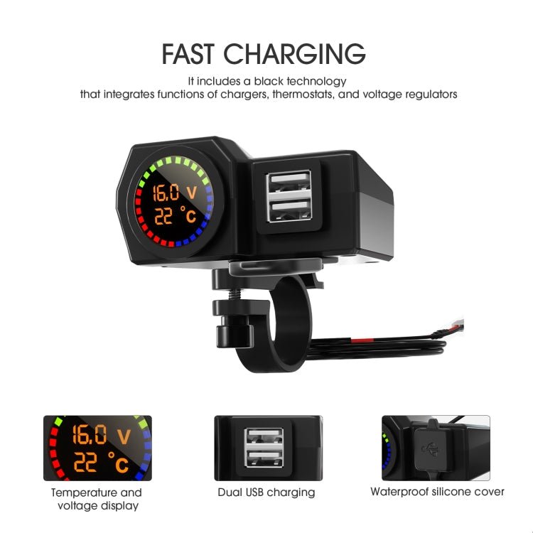 WUPP CS-1747A1 Motorcycle Voltage Temperature Digital Display Double USB Phone Charger - Eurekaonline