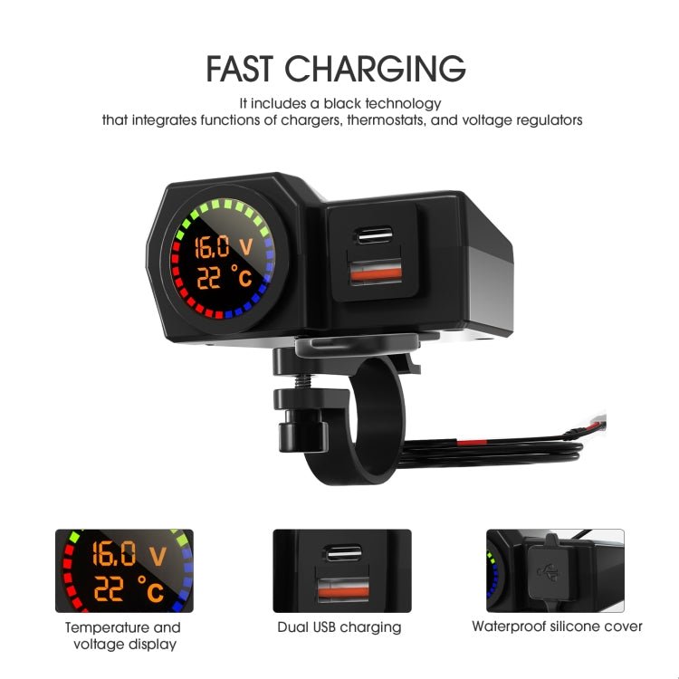 WUPP CS-1747A2 Motorcycle Voltage Temperature Digital Display USB+Type-C Phone Charger - Eurekaonline