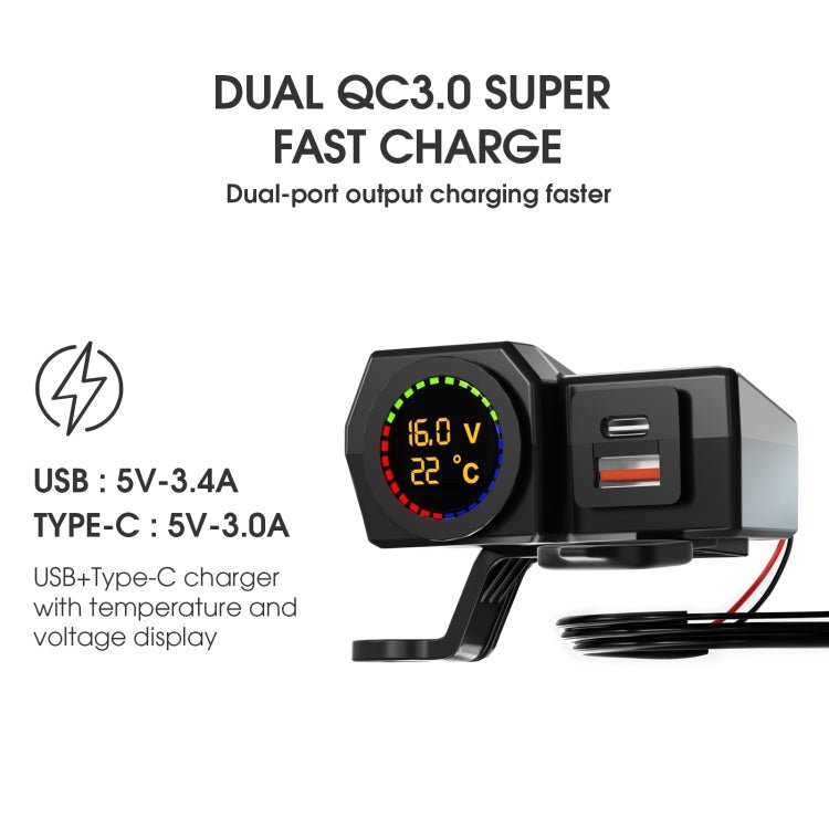 WUPP CS-1747A2 Motorcycle Voltage Temperature Digital Display USB+Type-C Phone Charger - Eurekaonline