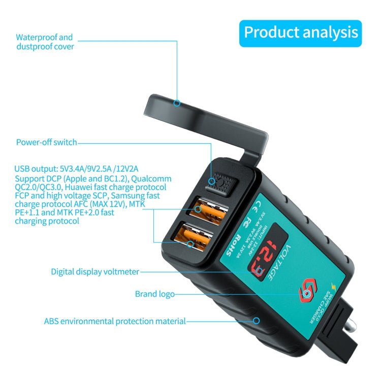 WUPP ZH-1422A2 DC12-24V Motorcycle Square Dual USB Fast Charging Charger with Switch + Voltmeter + Integrated SAE Socket + 1m SAE Socket Cable - Eurekaonline