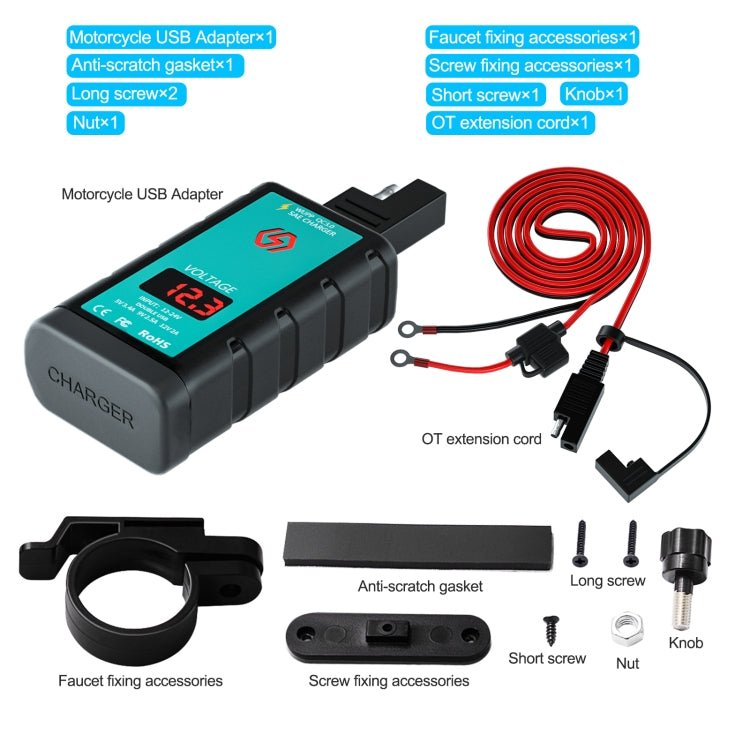 WUPP ZH-1422A3 DC12-24V Motorcycle Square Dual USB Fast Charging Charger with Switch + Voltmeter + Integrated SAE Socket + 1.4m OT Terminal Cable - Eurekaonline