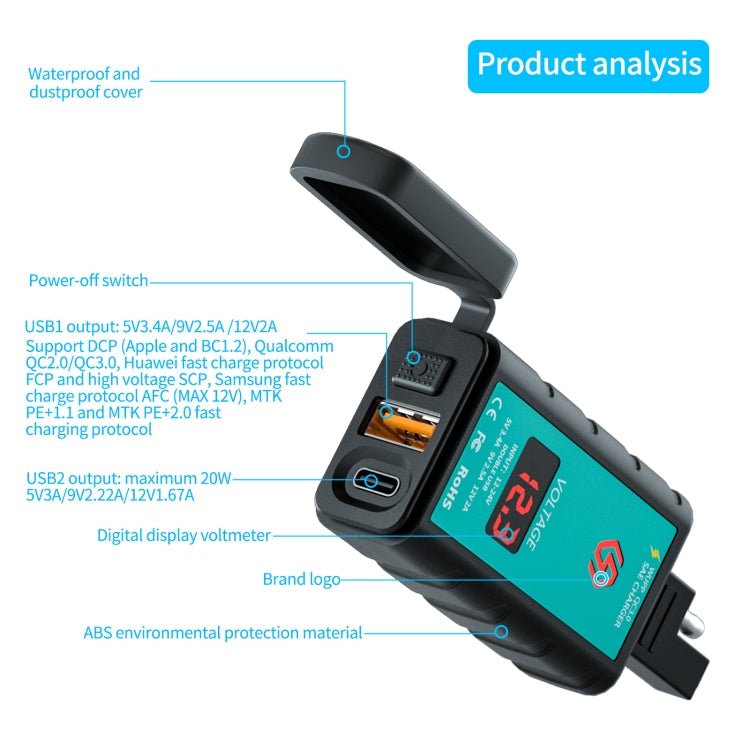 WUPP ZH-1422B1 DC12-24V Motorcycle Square Single USB + PD Fast Charging Charger with Switch + Voltmeter + Integrated SAE Socket - Eurekaonline