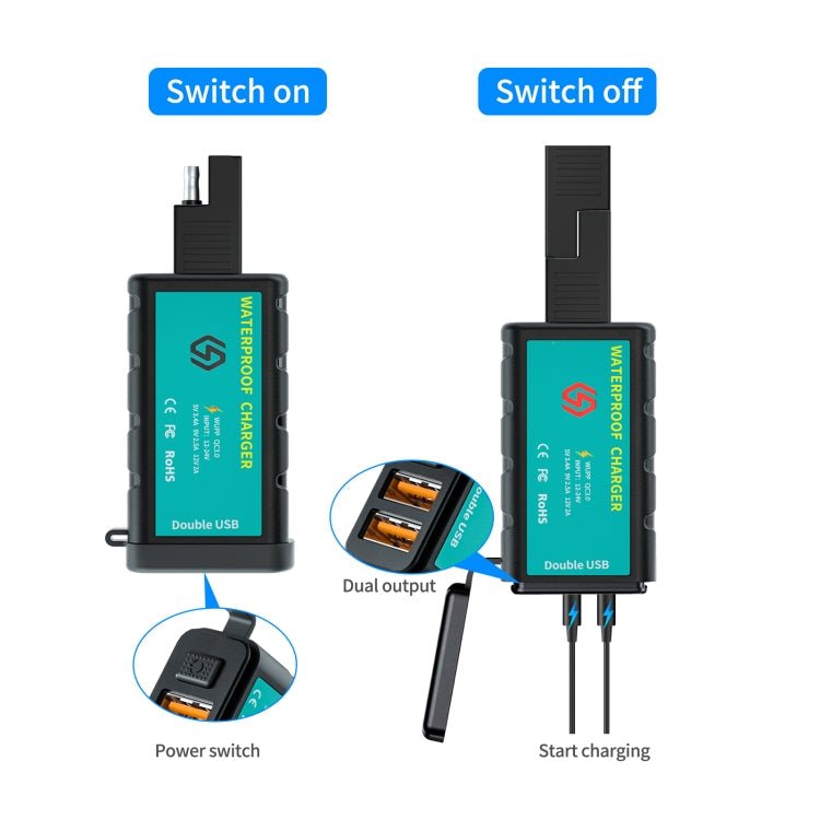 WUPP ZH-1422C3 Motorcycle Square Dual USB Fast Charging Charger with Switch + Integrated SAE Socket + 1.4m OT Terminal Cable - Eurekaonline