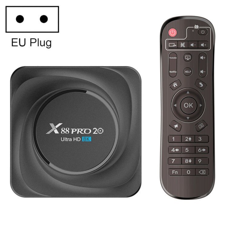 X88 Pro 20 4K Smart TV BOX Android 11.0 Media Player with Infrared Remote Control, RK3566 Quad Core 64bit Cortex-A55 up to 1.8GHz, RAM: 8GB, ROM: 128GB, Support Dual Band WiFi, Bluetooth, Ethernet, EU Plug - Eurekaonline
