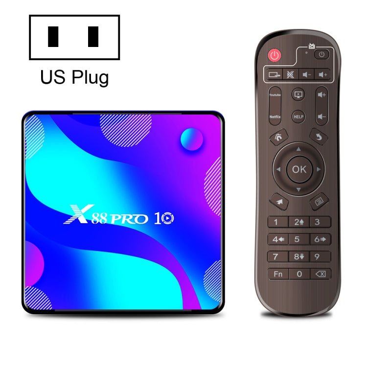 X88 PRO10 4K Smart TV BOX Android 11.0 Media Player, RK3318 Quad-Core 64bit Cortex-A53, RAM: 4GB, ROM: 32GB(US Plug) - Eurekaonline