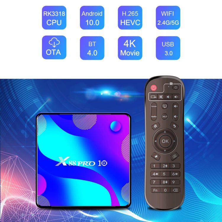 X88 PRO10 4K Smart TV BOX Android 11.0 Media Player, RK3318 Quad-Core 64bit Cortex-A53, RAM: 4GB, ROM: 64GB(UK Plug) - Eurekaonline