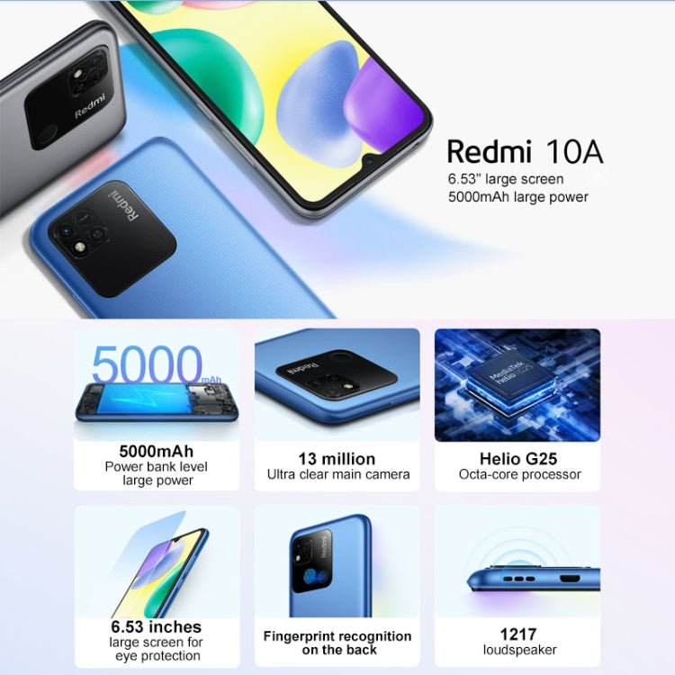 Xiaomi Redmi 10A, 4GB+64GB, 5000mAh Battery, Face Identification, 6.53 inch MIUI 12.5 MTK Helio G25 Octa Core up to 2.0GHz, Network: 4G, Dual SIM, Support Google Play(Black) - Eurekaonline