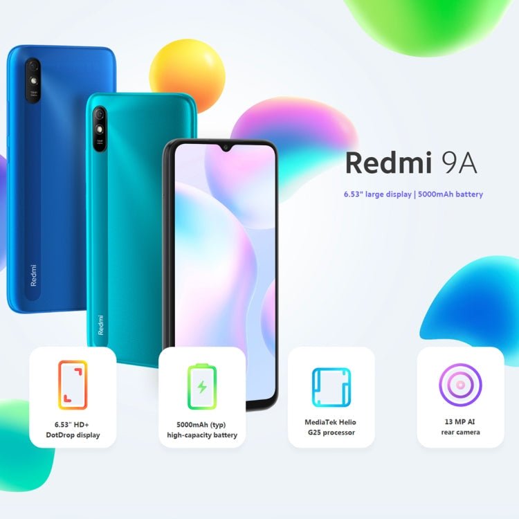 Xiaomi Redmi 9A, 4GB+64GB, 5000mAh Battery, Face Identification, 6.53 inch MIUI 12 MTK Helio G25 Octa Core up to 2.0GHz, Network: 4G, Dual SIM, Support Google Play(Black) - Eurekaonline