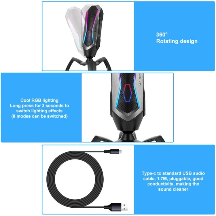 Yanmai T1 360-degree Free Rotation Cardioid Pointing Condenser Gaming Microphone with RGB Colorful Lighting & Pluggable USB-C / Type-C Cable, Cable Length: 1.7m - Eurekaonline