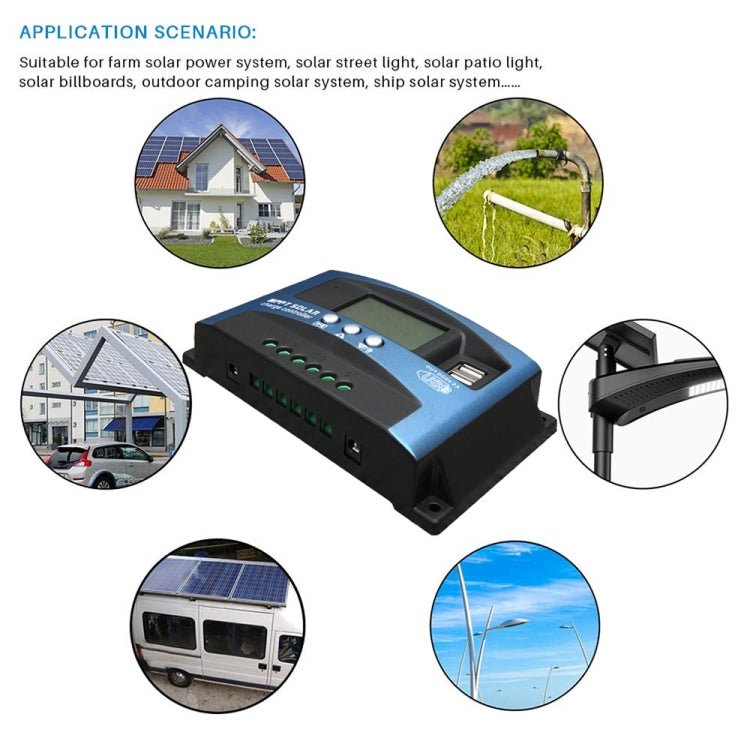 YCX-003 30-100A Solar Charging Controller with LED Screen & Dual USB Port Smart MPPT Charger, Model: 12/24/36/48/60V Wifi 100A - Eurekaonline