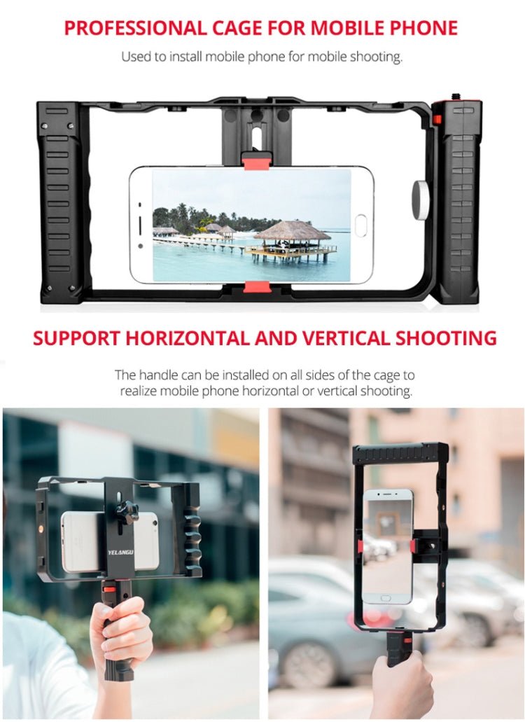 YELANGU PC02A Vlogging Live Broadcast Plastic Cage Video Rig Filmmaking Stabilizer Bracket for iPhone, Galaxy, Huawei, Xiaomi, HTC, LG, Google, and Other Smartphones(Black) - Eurekaonline
