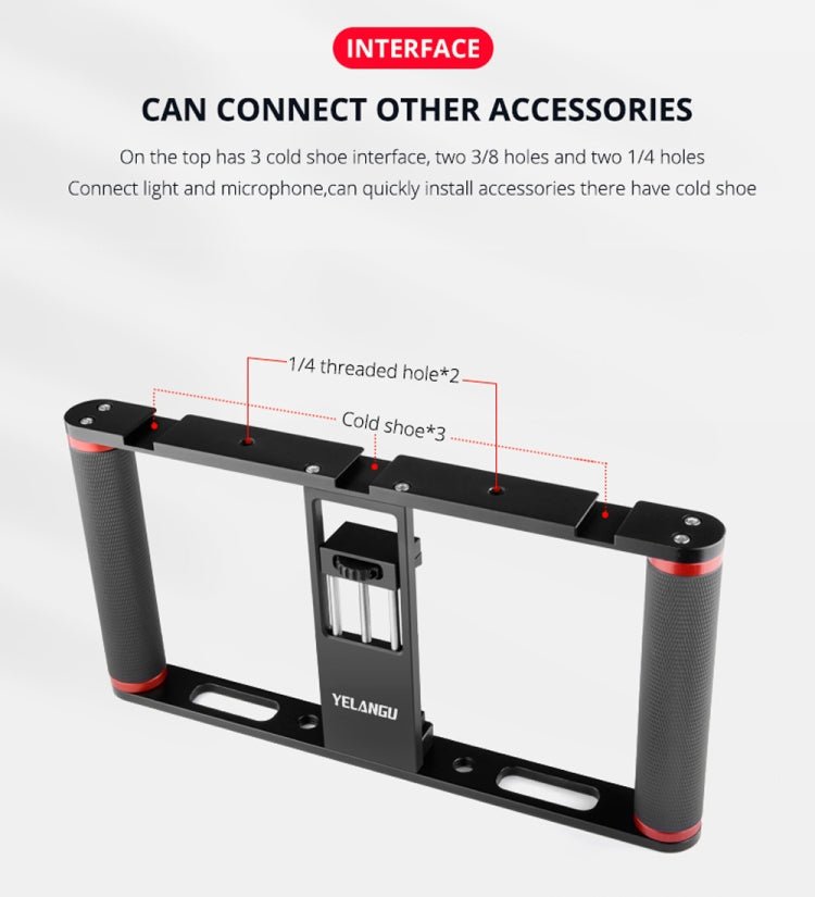 YELANGU PC05 YLG0909B Vlogging Live Broadcast Smartphone Metal Cage Video Rig Filmmaking Recording Handle Stabilizer Bracket for iPhone, Galaxy, Huawei, Xiaomi, HTC, LG, Google, and Other Smartphones(Black) - Eurekaonline