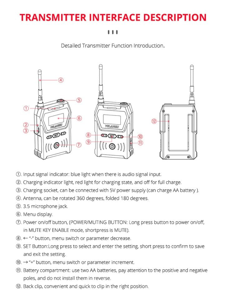 YELANGU YLG9929C MX4 Dual-Channel 100CH UHF Wireless Microphone System with Transmitter and Receiver for DSLR Cameras and Video Cameras(Black) - Eurekaonline