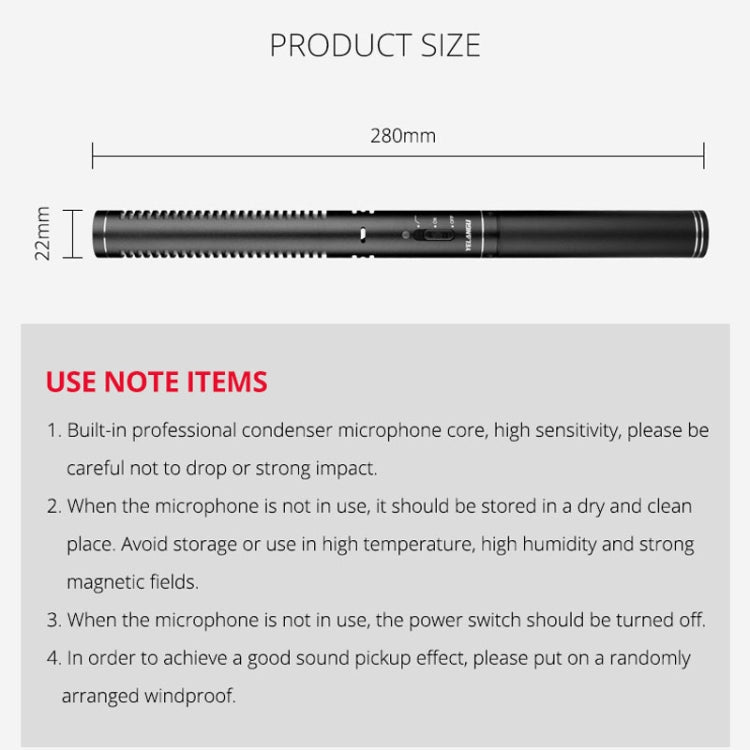 YELANGU YLG9933A MIC07 Professional Interview Condenser Video Shotgun Microphone with 6.5mm Audio Adapter & 3.5mm RXL Audio Cable(Black) - Eurekaonline