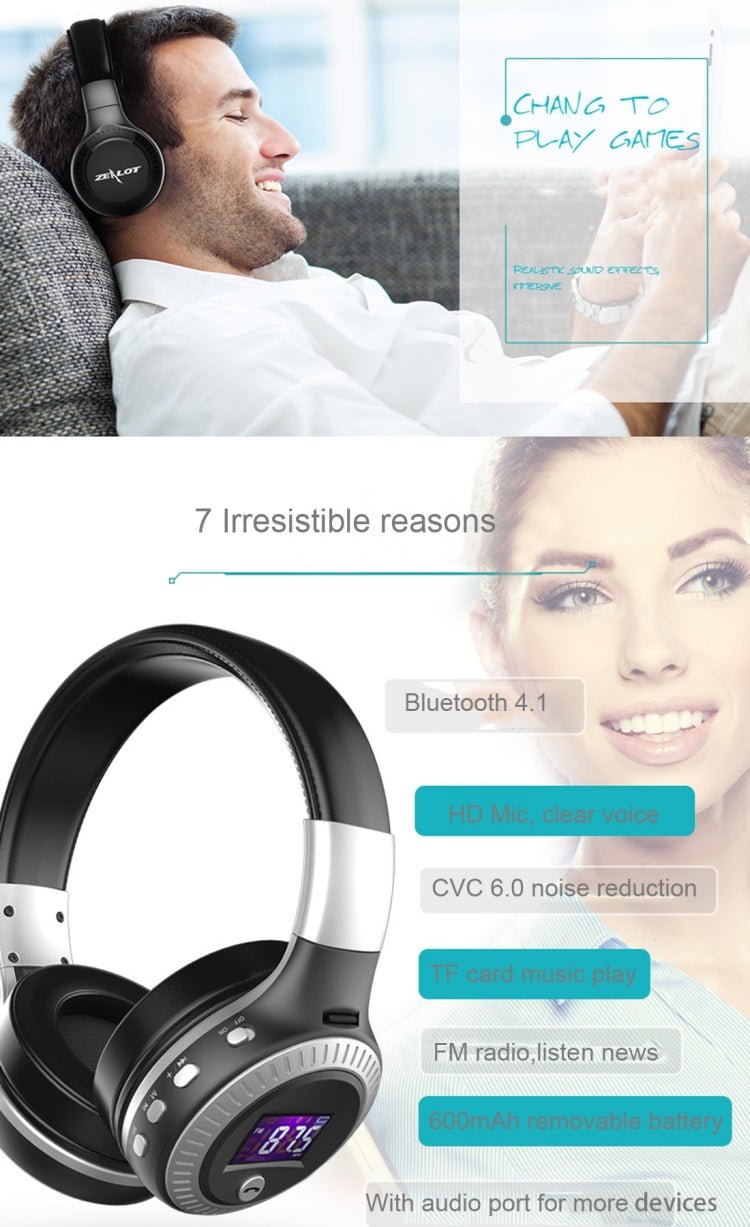 Zealot B19 Folding Headband Bluetooth Stereo Music Headset with Display for iPhone, Galaxy, Huawei, Xiaomi, LG, HTC and Other Smart Phones(Silver) - Eurekaonline